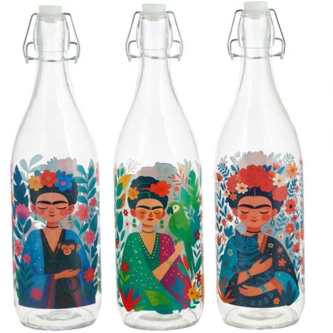 Bouteille en verre avec couvercle inspirée par la flore et la femme, style coloré (1/5)