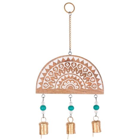 Pendentif décoratif en bois avec motif ethnique et clochettes (1/5)