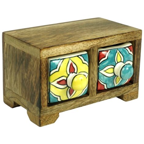Étagère à épices à 2 tiroirs, en bois et céramique - Style coloré (1/5)