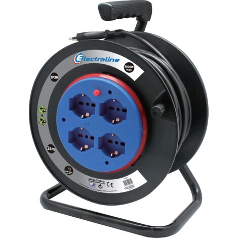 Avvolgicavo Con 2 Prese Schuko - Cavo 3x1.5mm, 50 M - Blu/Nero - Made In Italy - Disgiuntore Termico