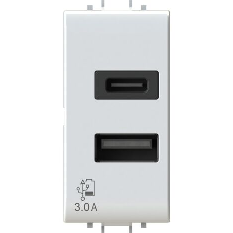 Modulo doppia presa USB 2.0 tipo A e USB 3.1 tipo C, 5Vdc 3A, serie U, bianco, compatibile con serie Gewiss Chorus - 4Box USB CA 20W 4B.G10.USB.30