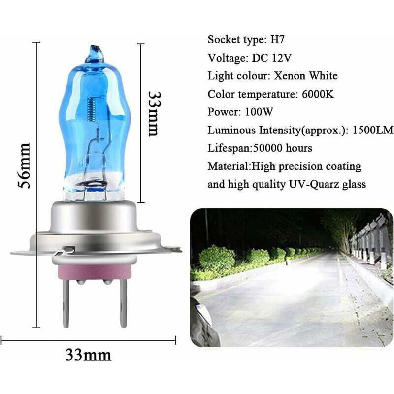 2 pièces H7 6000K xénon gaz halogène phare blanc voiture ampoules 100W 12V  (Taille: 12V)