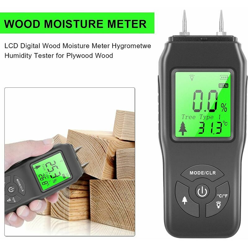 Humidimètre à bois, détecteur d'humidité numérique portatif, écran LCD  rétroéclairé, détecteur de fuite d'eau, testeur d'humidité pour les murs en  matériau de construction en boisflo