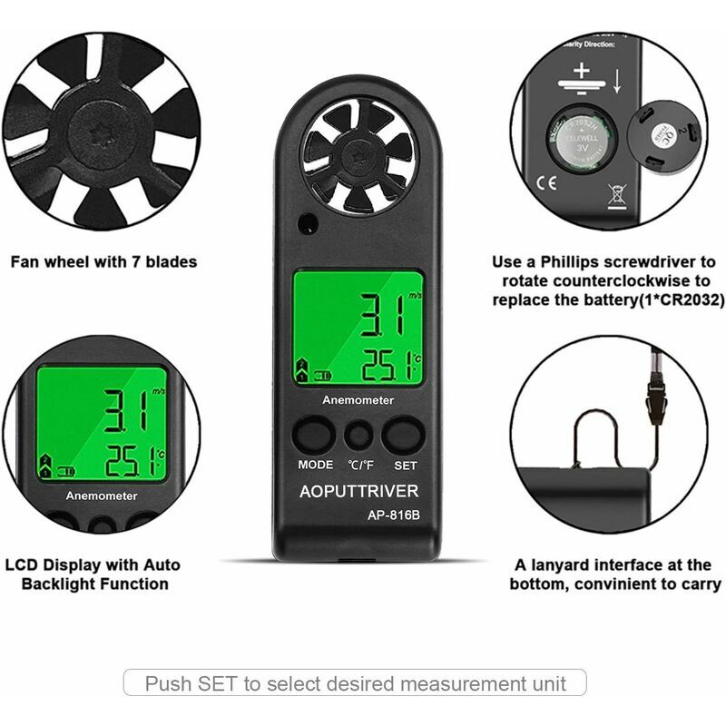 HoldPeak Anémomètre Numérique HP-866B-APP Vitesse du Vent avec