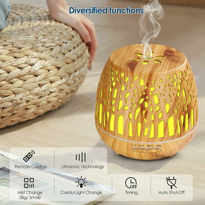 Diffuseur d'Huiles Essentielles 400ml, Télécommande d'humidificateur  Ultrasonique Sans BPA avec Lumière LED à Couleurs Variables 3 Minuterie  pour la Maison/Yoga/Bureau/SPA - Bois,Adélala