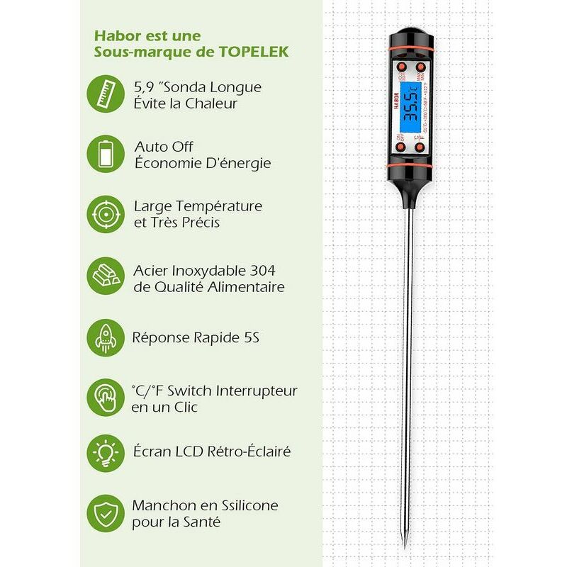 Thermomètre Cuisine,5s Lecture instantané Thermometre Cuisson,Thermomètre  Viande,avec Sonde Longue et écran LCD,pour la Cuisson,Patisserie, Viande,  Boissons Chaudes : : Cuisine et Maison