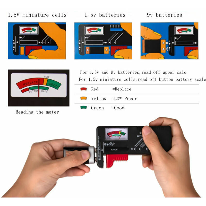 Testeur de Piles numérique pour AA, AAA, C, D, PP3, 9V, 1.5V, Piles Bouton  - Fonctionne sans Pile , BR-Vie