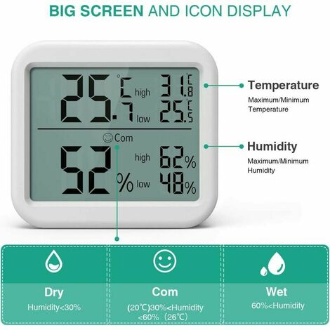 Thermo-hygromètre numérique Oria, grand thermomètre LCD à l'intérieur,  thermomètre et hygromètre avec enregistrements MIN /