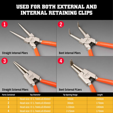 Pince Serre Clips Lot de 4 Pinces à Circlips, 4pcs 7 '' Ensemble de Pinces  175 mm Droite Courbe Interieur Extérieure Ensembles de Pinces avec Sac de