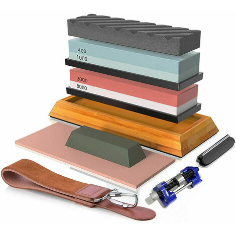 Knife Sharpening Stone Set, MOJINO Professional Sharpener Stone Kit 400/1000 3000/8000, Whetstone Kit with Non-Slip Bamboo Base, Flatting Stone, Angle