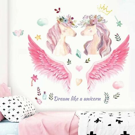 Autocollant mural licorne - Autocollant licorne détachable avec forme de  coeur et d'étoile et film réfléchissant