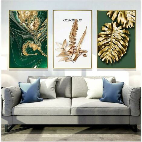 Lot de 3 affiches murales design forêt feuille d'or palmier sans cadre salon  décoration murale (uniquement noyau de peinture)