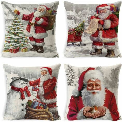 Taie d'oreiller, Lot de 4 en Coton et Lin Noël Wapiti Le père noël Bonhomme  de Neige Nain Imprimé Housse De Coussin carré pour Lit Voiture De La Maison  Canapé 45 x