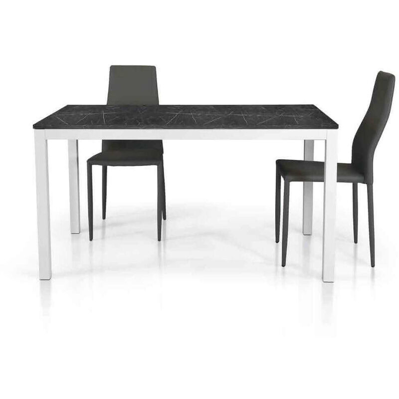 Tavolo Da Pranzo Allungabile In Metallo Bianco Con Piano Effetto Marmo Di  Design Moderno, Cm 80x120/170x75 H