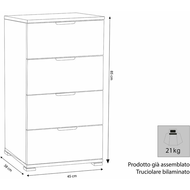 Cassettiera 4 Cassetti Per Soggiorno Cucina Bagno Fatto In Italia Cm 45 X  38 X 85 H