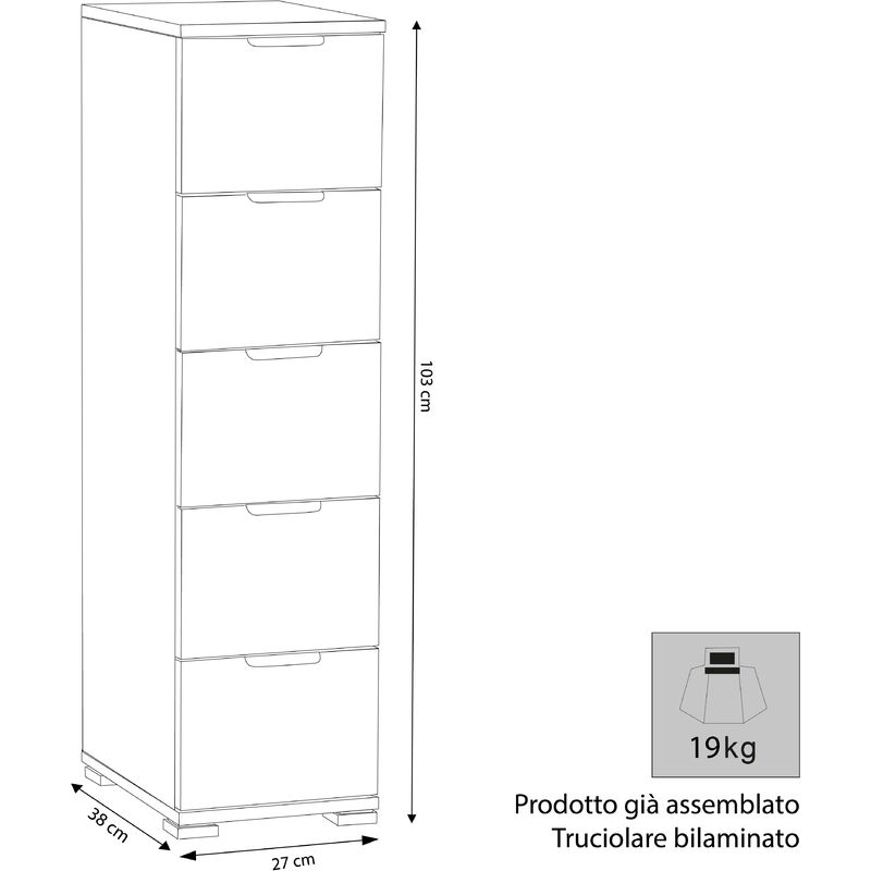 cassettiera 5 cassetti per soggiorno cucina bagno fatto in Italia