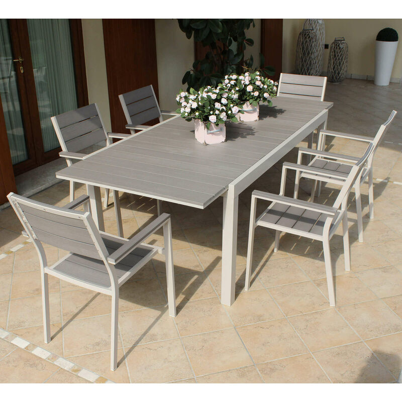 Set Tavolo Rettangolare Allungabile in Alluminio (180-240x100 cm) Starmi e  6 Sedie da Giardino Eika