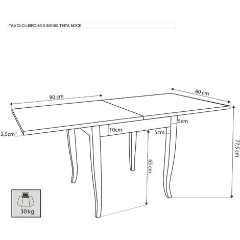 Tavolo Da Pranzo Allungabile Apribile A Libro Noce Cm 80x80/160 Per Interno  Sala Da Pranzo