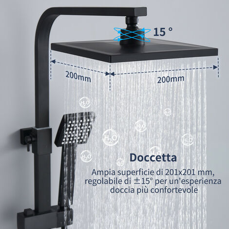 Colonna Doccia Pioggia Quadrata Nero Opaco, Sistema Doccia Semplice con  Doccetta a Pioggia per Bagno, Colonna