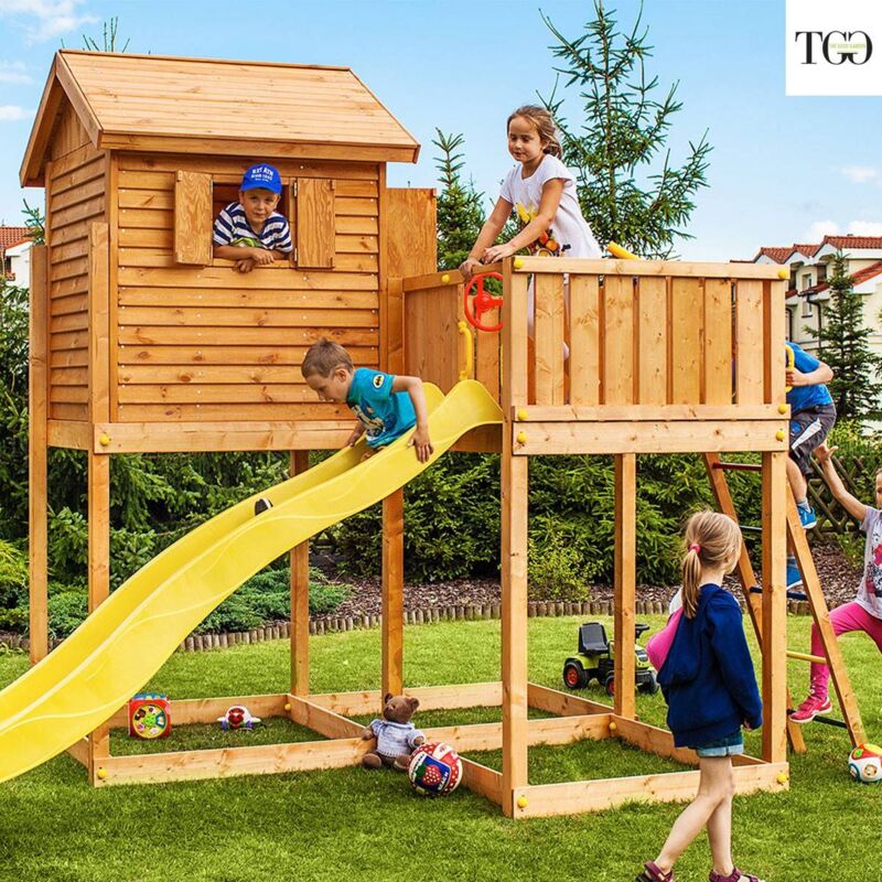 Casetta in legno bambini con scivolo Fungoo MyHOUSE MOVE + in legno per  giardino