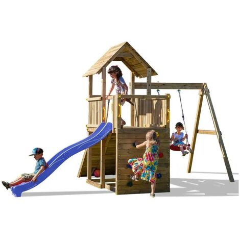 Parco Giochi in Legno con Altalena Scivolo Rampa con Corda Sabbiera 310x460x282 cm