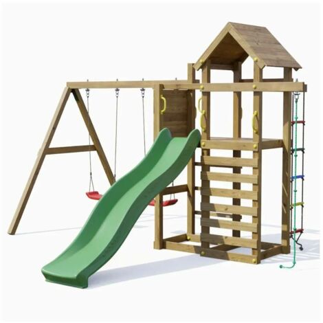 Parco giochi in legno Fungoo Mixter con Scivolo, doppia Altalena e Arrampicata