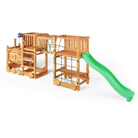 Parco giochi in legno Fungoo Loco Express colore teak con scivolo, ponte e trenino per bambini