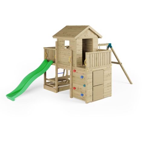 Casetta parco giochi in legno Fungoo Multifort con scivolo, due altalene e arrampicata