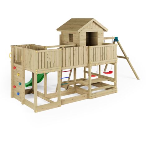 Casetta parco giochi in legno Fungoo Longstepper con scivolo, due altalene, tavolo picnic e arrampicata