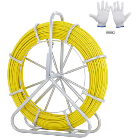VEVOR Fiberglas Kabel Rad Ø6,35mm x 129,5m Glasfaserstab inkl. Stahlhaspel Handschuhe Bremsgriff Metall-Zugköpfe Fischband -40℃ bis +80℃ Einziehhilfe Einziehband Einziehspirale