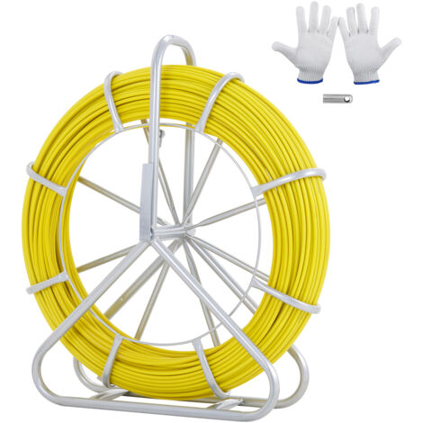 VEVOR Kabeleinziehhilfe Fiberglas, 200 m, 6,35 mm, Fishtape Wire Puller, Kabellaufstange mit Stahlrollenständer, 3 Zugköpfe, Angelwerkzeuge für Wände und elektrische Leitungen, nicht leitend