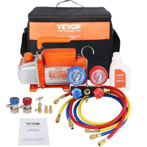VEVOR Vakuumpumpe 100L/min Unterdruckpumpe 1-stufig 220V/50HZ 1440U/min 800-4000PSI (55-276bar) 250ml-Ölkapazität Vakuumgeräte Verteiler-Manometer-Set für Klimaanlage Kfz-Kühlsystemen