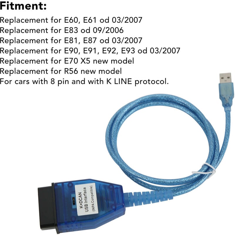 Jeffergarden Cble K D CAN OBD2, puce FT232RL, avec interrupteur, Interface  USB de remplacement pour E60 E61 E70 E81, protocole K LINE à 8 broches