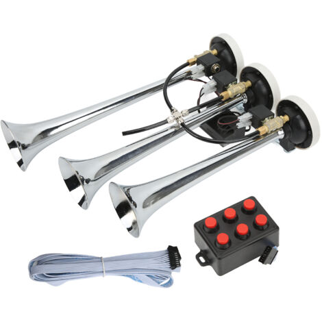 Klaxon à air 3 trompettes chromé 305/342/385mm – 6 airs – DC 12V/24V – 145 dB pour camions, voitures de club, yachts – YB - DC12V