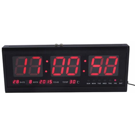 Jeffergarden Grande minuterie murale numérique à LED, horloge à batterie avec calendrier de température (rouge), prise britannique 110-240V (1/5)