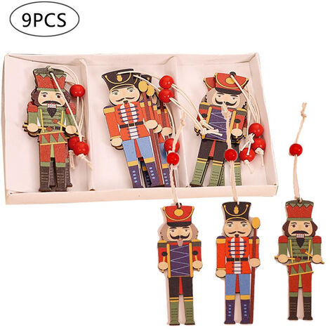 Jeffergarden Pendentif soldat de nol en noyer, 9 pièces, pendentif en bois imprimé coloré, décorations d'arbre de nol pour fête de vacances (1/5)