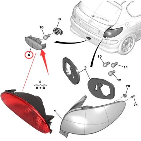 Feu Antibrouillard Arrière 6351K5 - Haute Luminosité Pour Peugeot 206 / 206CC / 206 Hayon