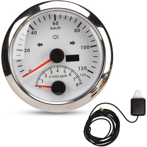 Jeffergarden Compteur de vitesse GPS avec tachymètre 8000 tr/min 85 mm 3 3/8 pouces Compteur de vitesse GPS avec lumière d'indiction pour véhicule ATV marin Cadran blanc Lunette argentée