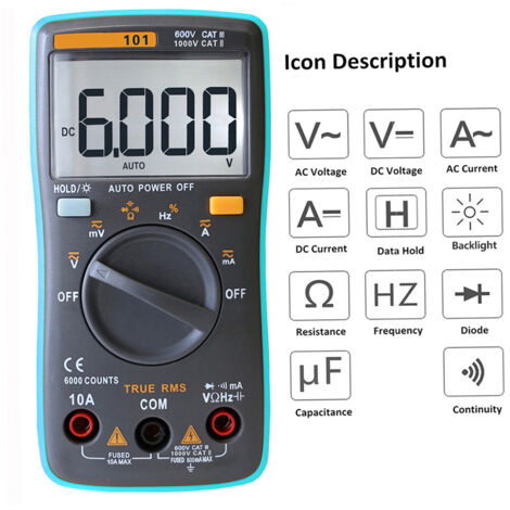 Jeffergarden RM101 True RMS Multimètre numérique LCD multifonctionnel DMM DC Tension AC Compteur de courant Résistance Diode Testeur de capacité Mesure Identification automatique de polarité Ampèremèt (1/5)