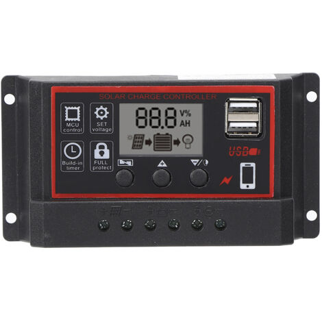 GARRYFIZH Contrôleur de charge solaire LCD 5 V/2,5 A, double USB PWM, régulateur de panneau solaire, identification automatique 12 V, 24 V, 10 A (1/5)