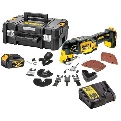 Dewalt – Outil multifonction sans fil 18V DCS355M1QW – Moteur Brushless – 1 batterie 4.0Ah – 32 accessoires – Pour bois dur et métal