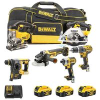 Dewalt – Pack de 6 outils électroportatifs 18V XR – 3 batteries 5.0Ah – Chargeur et sac de transport inclus – Scie circulaire, scie sauteuse, meuleuse, perceuse, clé à chocs, perceuse à percussion