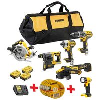 Dewalt – Kit d’outils électroportatifs 5 pièces – Moteur sans balais 18V – 3 batteries 5,0Ah + chargeur – Lampe DCL040 + 5 disques offerts