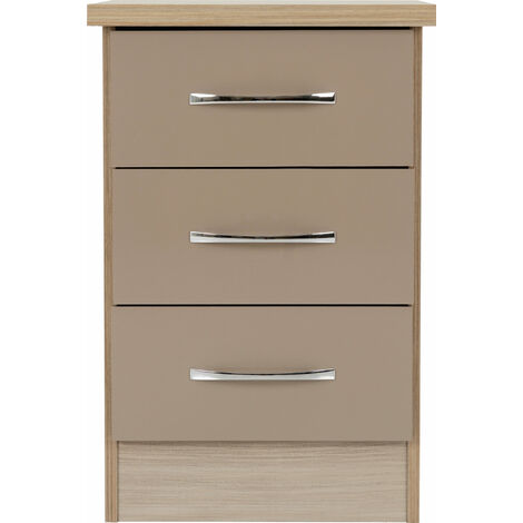 Nevada 3 Drawer Bedside - L40 x W40 x H61 cm - Oyster Gloss/Light Oak Effect Veneer (1/5)