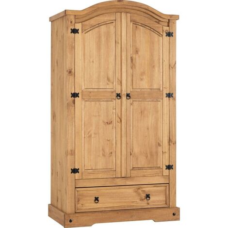Corona 2 Door 1 Drawer Wardrobe in Distressed Waxed Pine