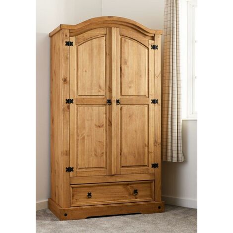 Corona 2 Door 1 Drawer Wardrobe in Distressed Waxed Pine