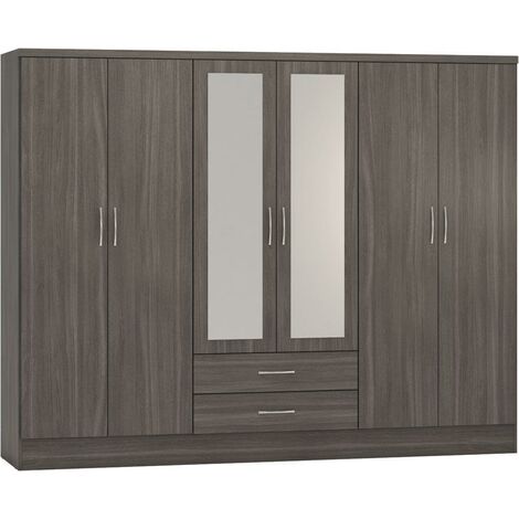Nevada 6 Door 2 Drawer Mirrored Wardrobe - L52 x W230 x H182.5 cm - Black Wood Grain (1/5)
