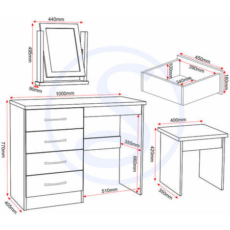 Nevada 4 Drawer Dressing Table Set 3D Grey Effect Including Stool and Mirror