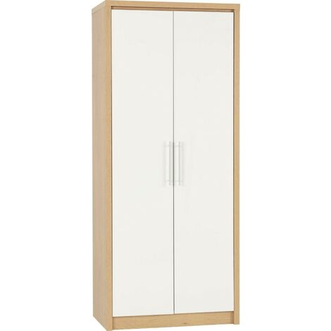 Seville 2 door wardrobe – White high gloss – Light oak effect veneer – Dimensions W760 x D470 x H1800mm – Smooth metal runners – Seconique (1/5)