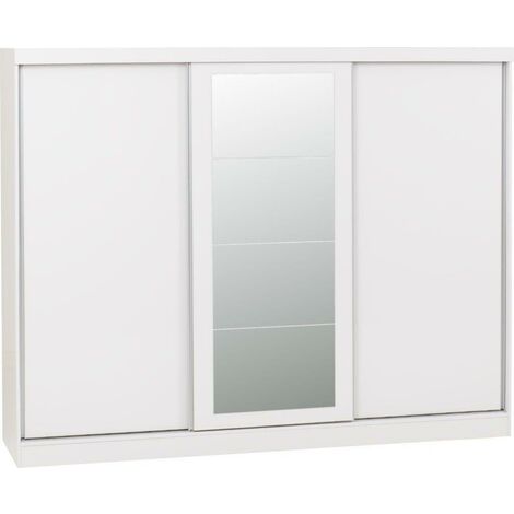 Nevada 3 door sliding wardrobe with mirror – White gloss finish – 2425mm wide – 1940mm high – Ample storage with adjustable shelves – Seconique (1/5)